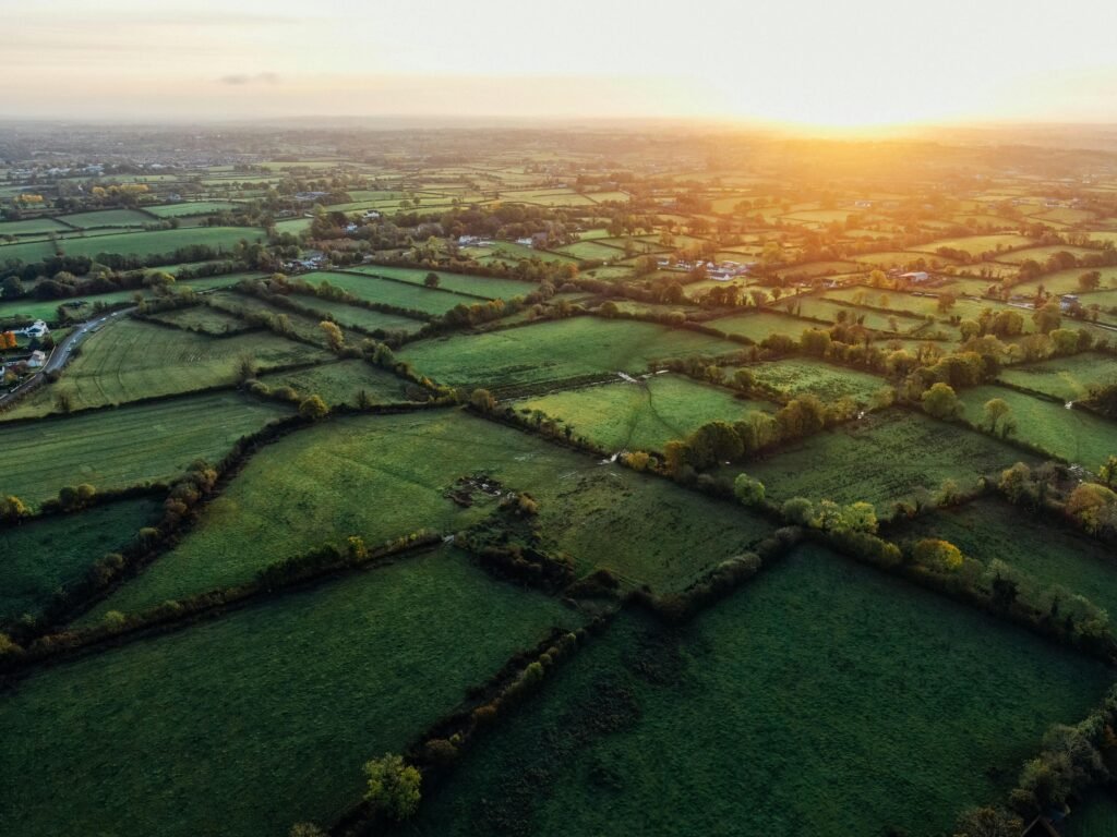 Stunning aerial view of lush countryside fields during a golden sunset, creating a serene atmosphere.